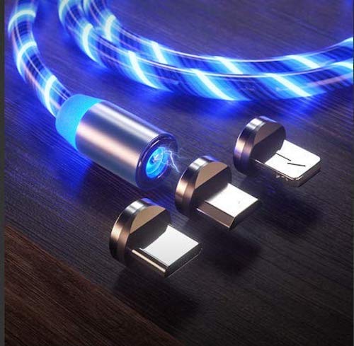 High Quality LED Flowing Magnetic Charger Cable USB 3 in 1 Fast Charging Blue Red Green