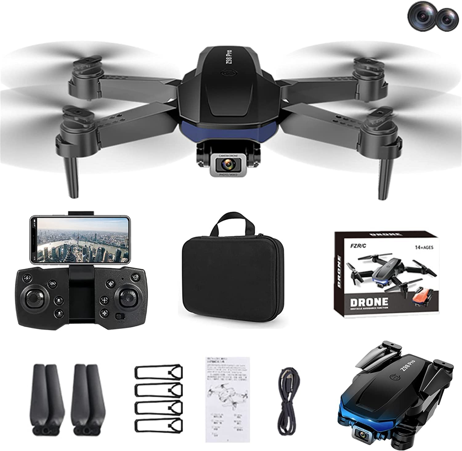 2022 Z98 Pro Upgraded Wifi Drone with 1080P Dual HD Camera, Foldable RC Quadcopter Drone WiFi FPV Drone for Kids Beginner, Altitude Hold, One Key Take Off/Landing, 3D Flip