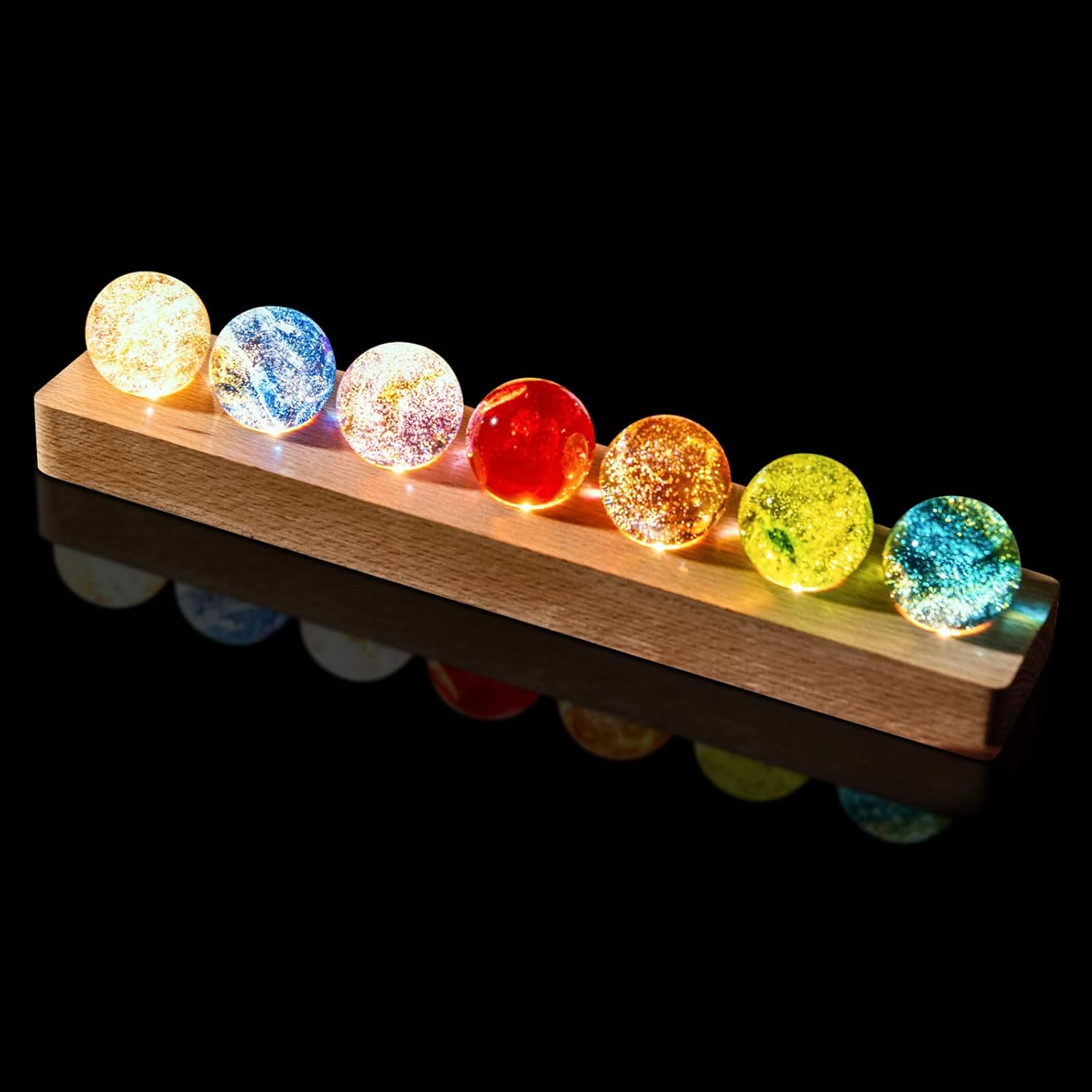 Glass Crystal Ball with Wood LED Lights Base 7 Balls