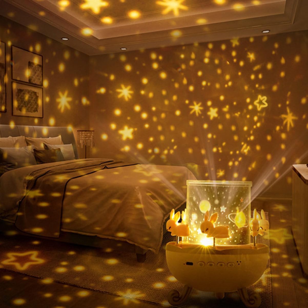 Rotating Cabin Star Projector Night Light with Remote Control 360° 7 Light Colors, 12 Projection Themes & 8 Sounds