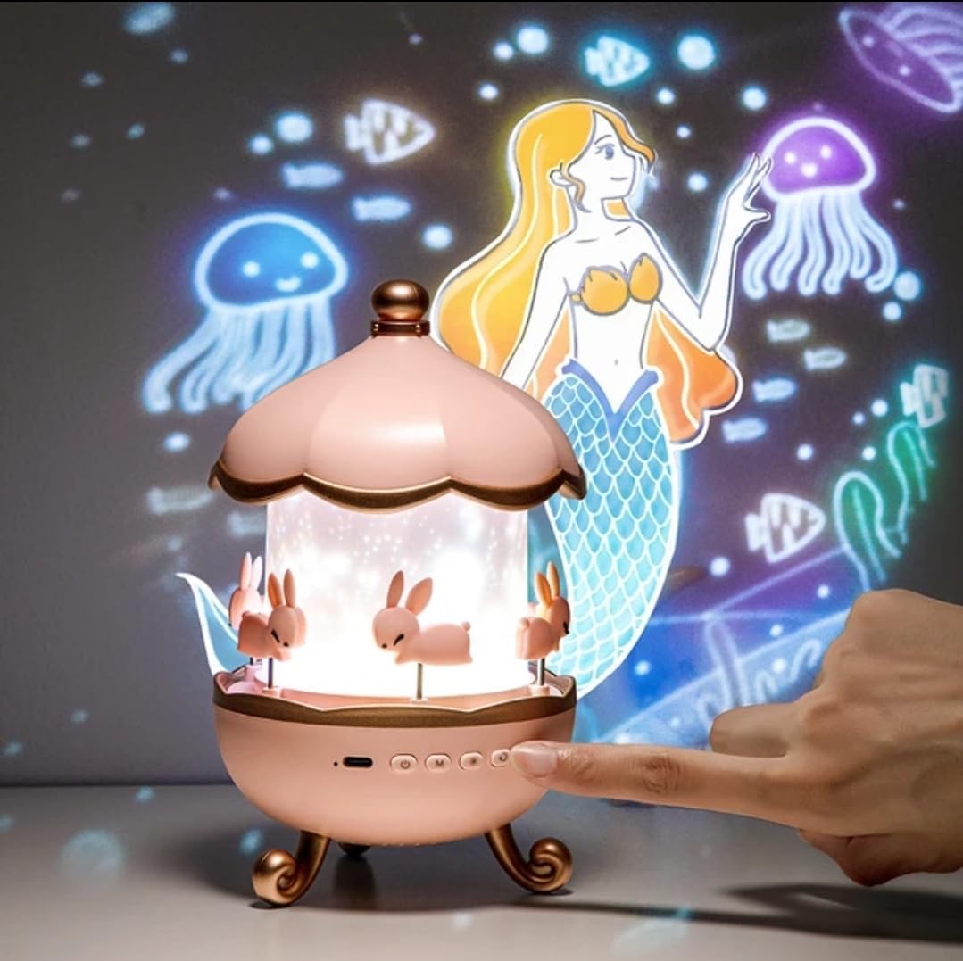 Rotating Cabin Star Projector Night Light with Remote Control 360° 7 Light Colors, 12 Projection Themes & 8 Sounds
