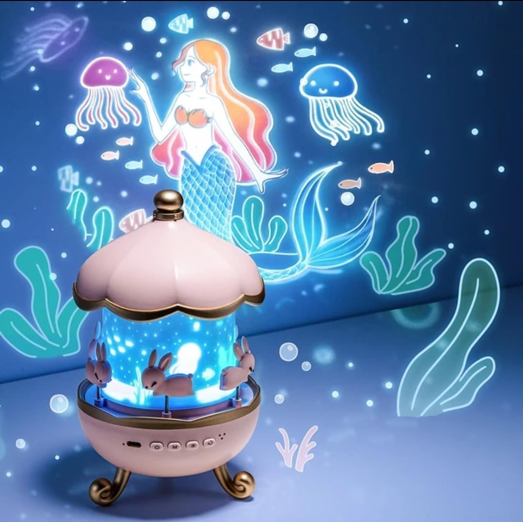 Rotating Cabin Star Projector Night Light with Remote Control 360° 7 Light Colors, 12 Projection Themes & 8 Sounds