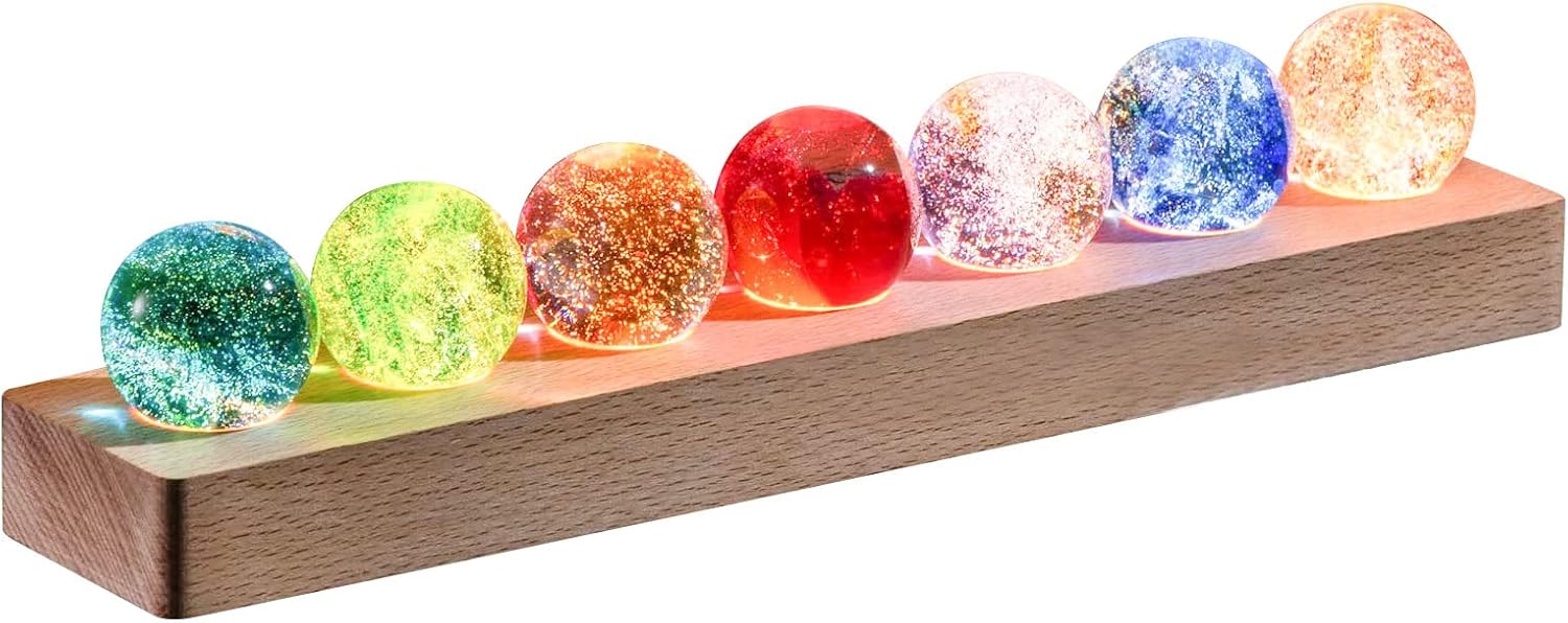 Glass Crystal Ball with Wood LED Lights Base 7 Balls