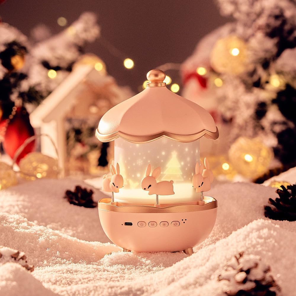 Rotating Cabin Star Projector Night Light with Remote Control 360° 7 Light Colors, 12 Projection Themes & 8 Sounds