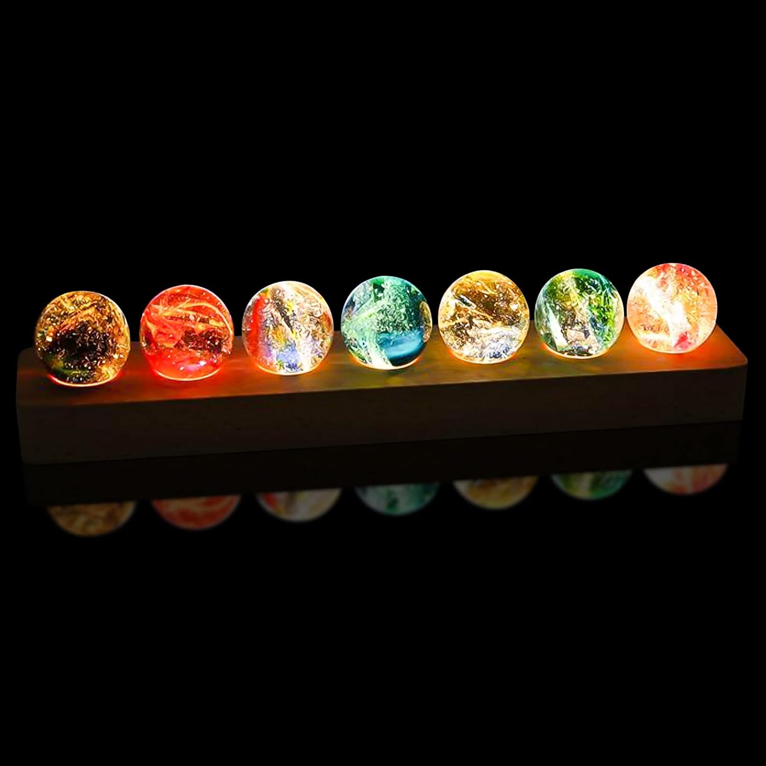 Glass Crystal Ball with Wood LED Lights Base 7 Balls