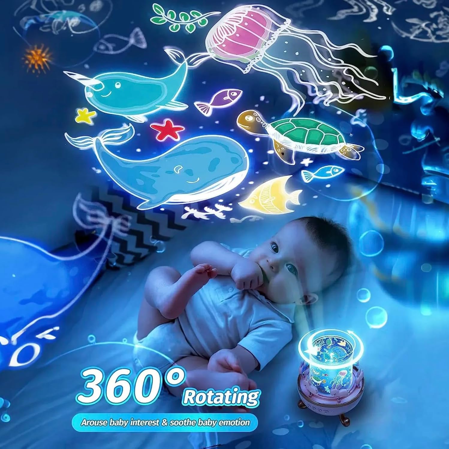 Rotating Cabin Star Projector Night Light with Remote Control 360° 7 Light Colors, 12 Projection Themes & 8 Sounds