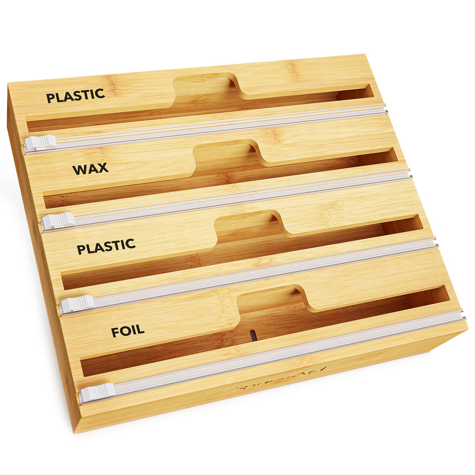 4-in-1 Bamboo Wrap Dispenser with Cutter and Labels