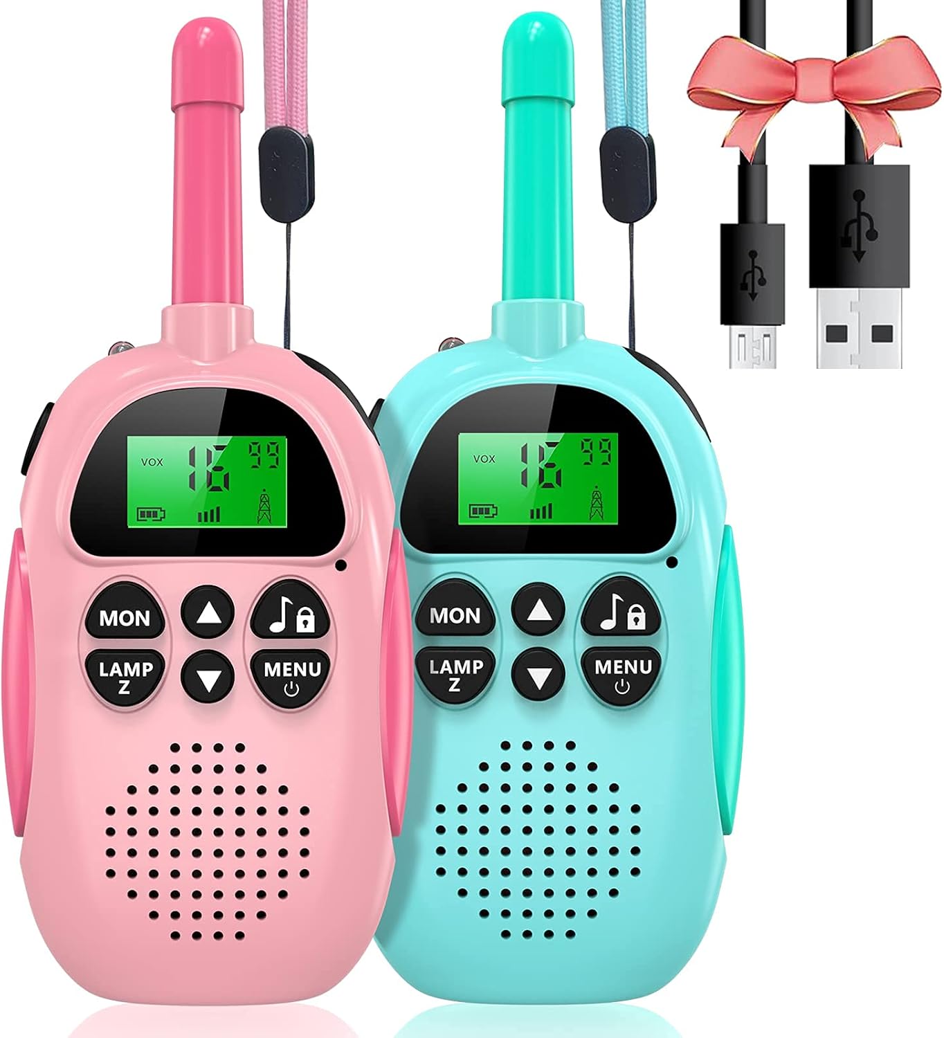 ULEWAY Walkie Talkie for Kids Rechargeable Radio 3km Range, Boy Girl Toy 4-12 Years 16 Channels, Walky Talky for Outdoor Adventure, Camping, Hiking 2 Pieces Pink Blue