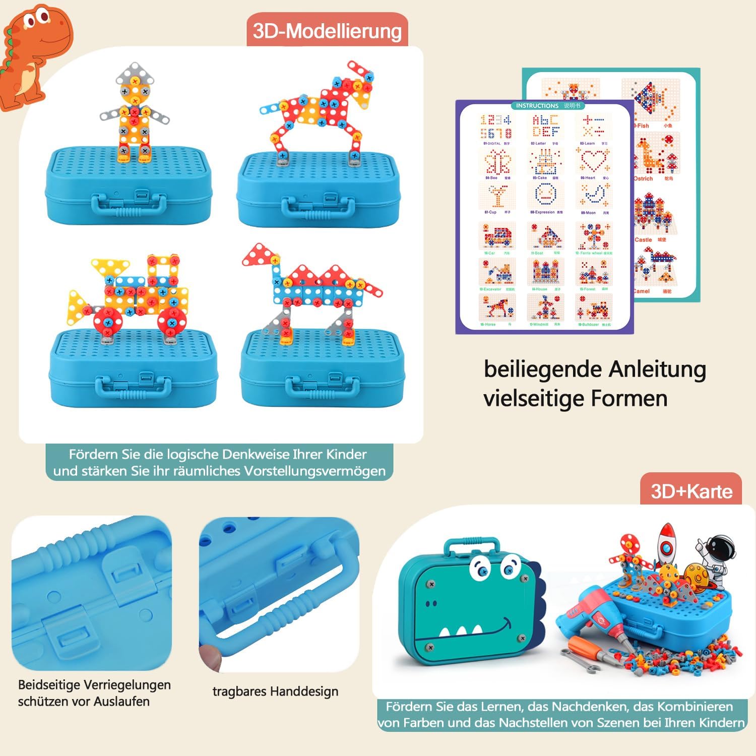 3D dinosaur puzzle including drill and tool box gift for boys and girls (211 pieces)