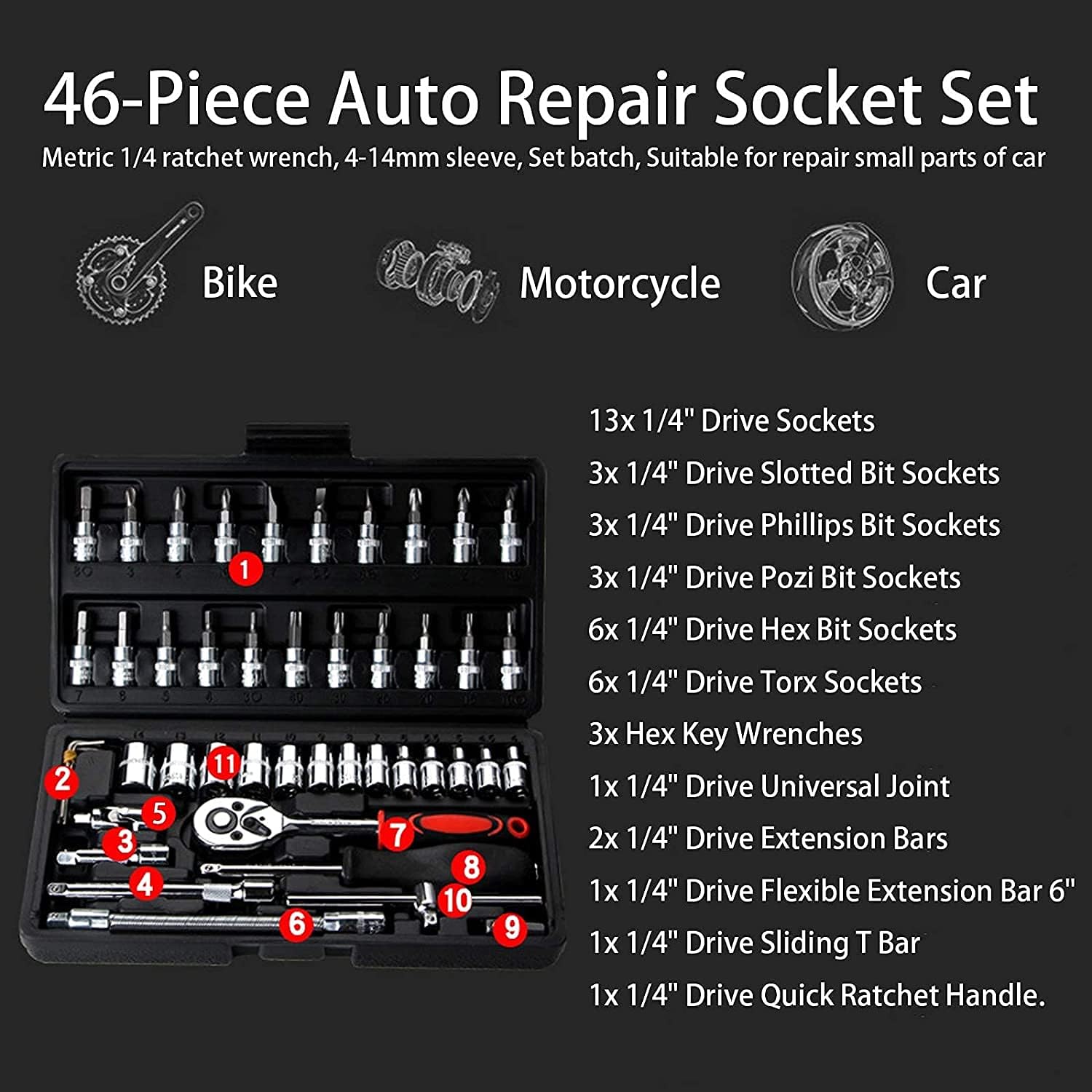 46 Pieces Ratchet Set Metric Tool Kit 1/4 Inch Wrench Handle Tool Set