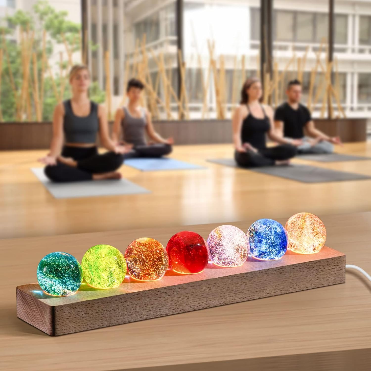 Glass Crystal Ball with Wood LED Lights Base 7 Balls