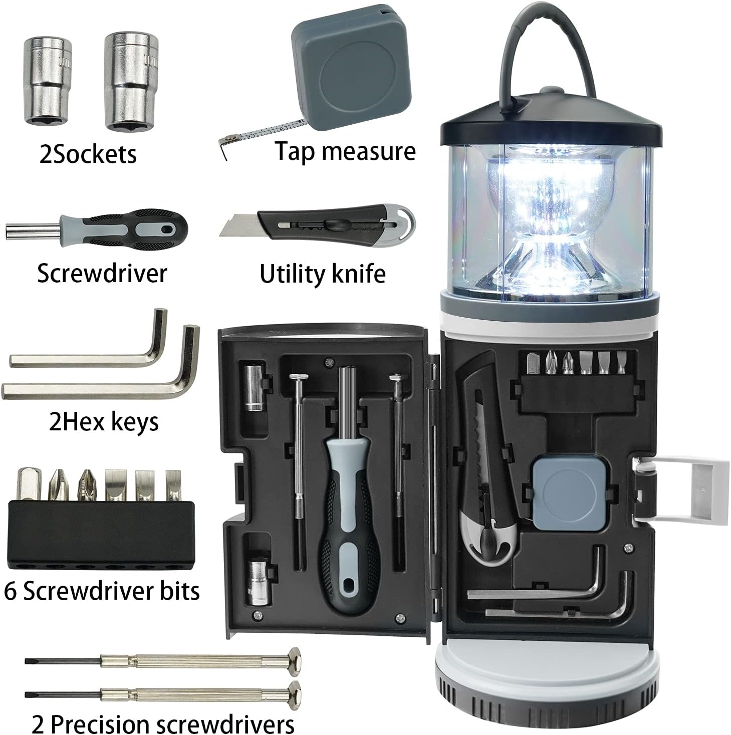 BIGTREE 2 in 1 LED Camping Tool Torch with Screwdriver Set 17 Pieces Tool Household Outdoor Emergency Light Bright Portable Lamp Hardware Tool Set (Camping Light)