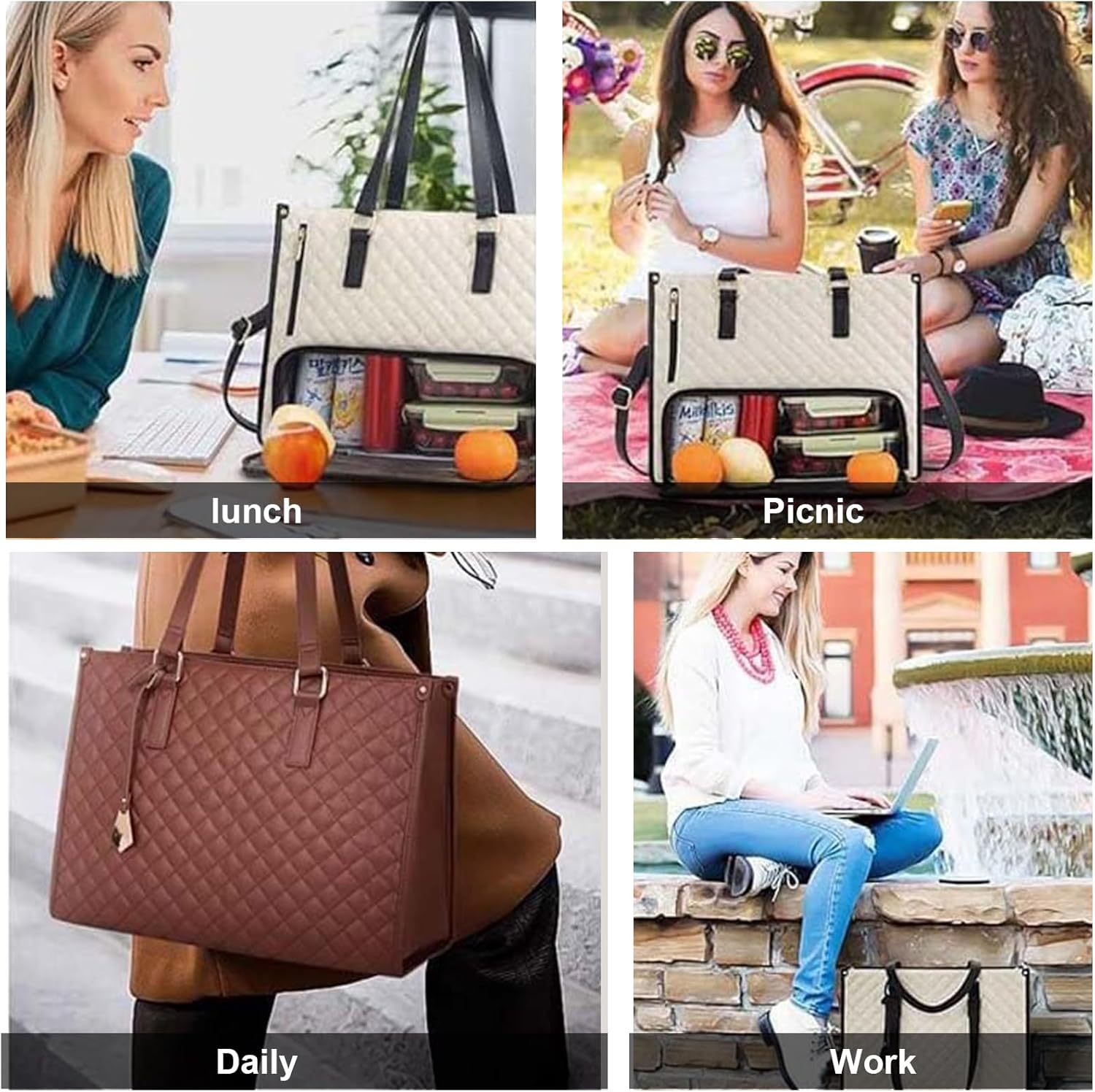 2 in 1 Lunch Tote Bag for Women, 5.6 Inch Leakproof Tote Bags with Insulated Lunch Compartment, Large Work Tote Bag with Lunch Compartment, Work Handbag for Business, Office