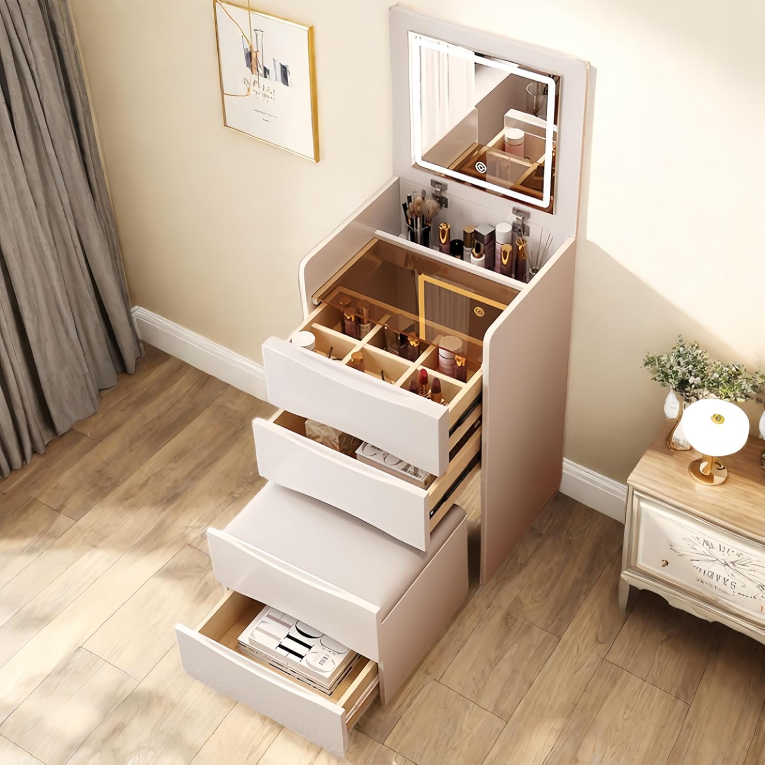 Vanity Desk with Flip Top Mirror and Lights Makeup Table with 3 Drawers and Stool Storage