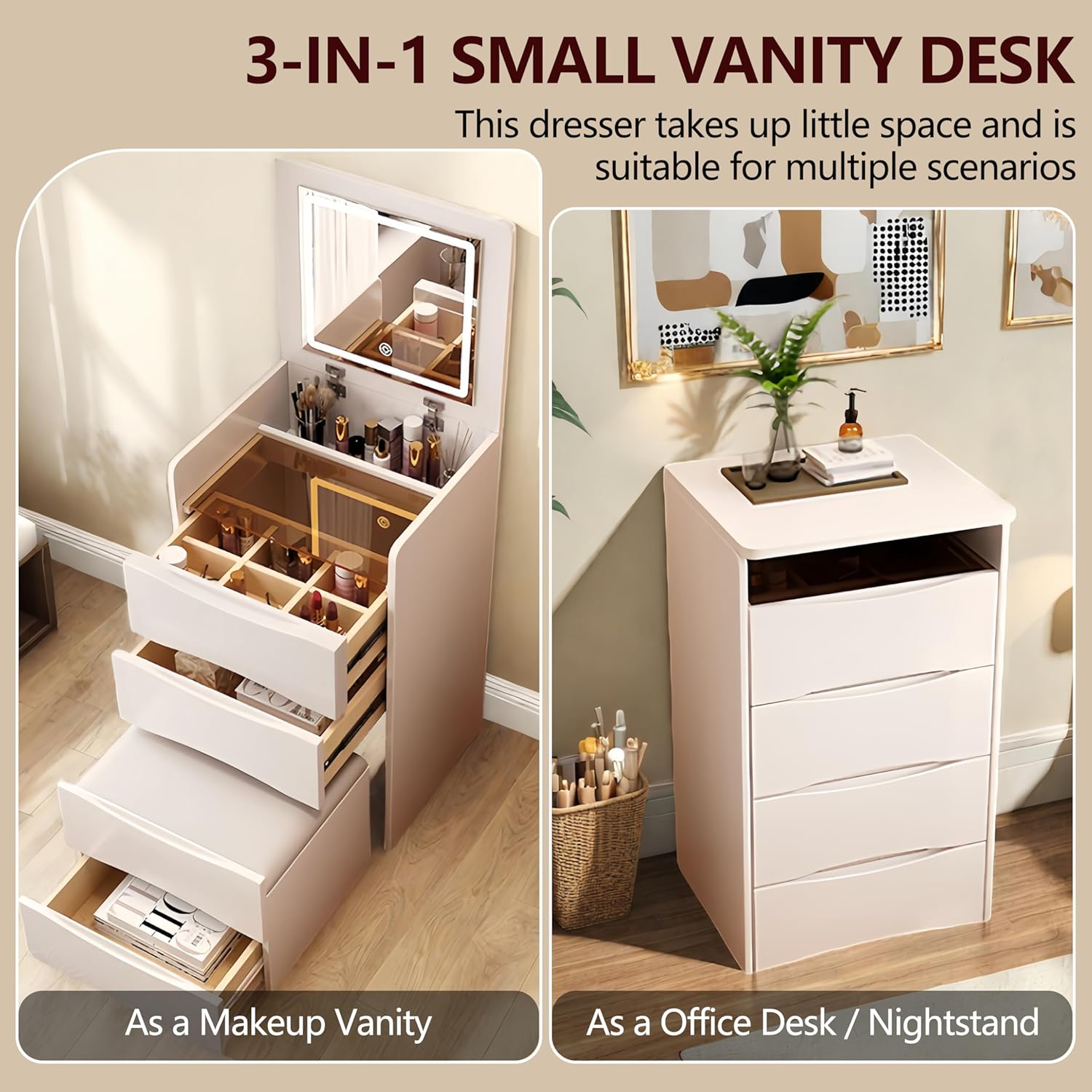 Vanity Desk with Flip Top Mirror and Lights Makeup Table with 3 Drawers and Stool Storage