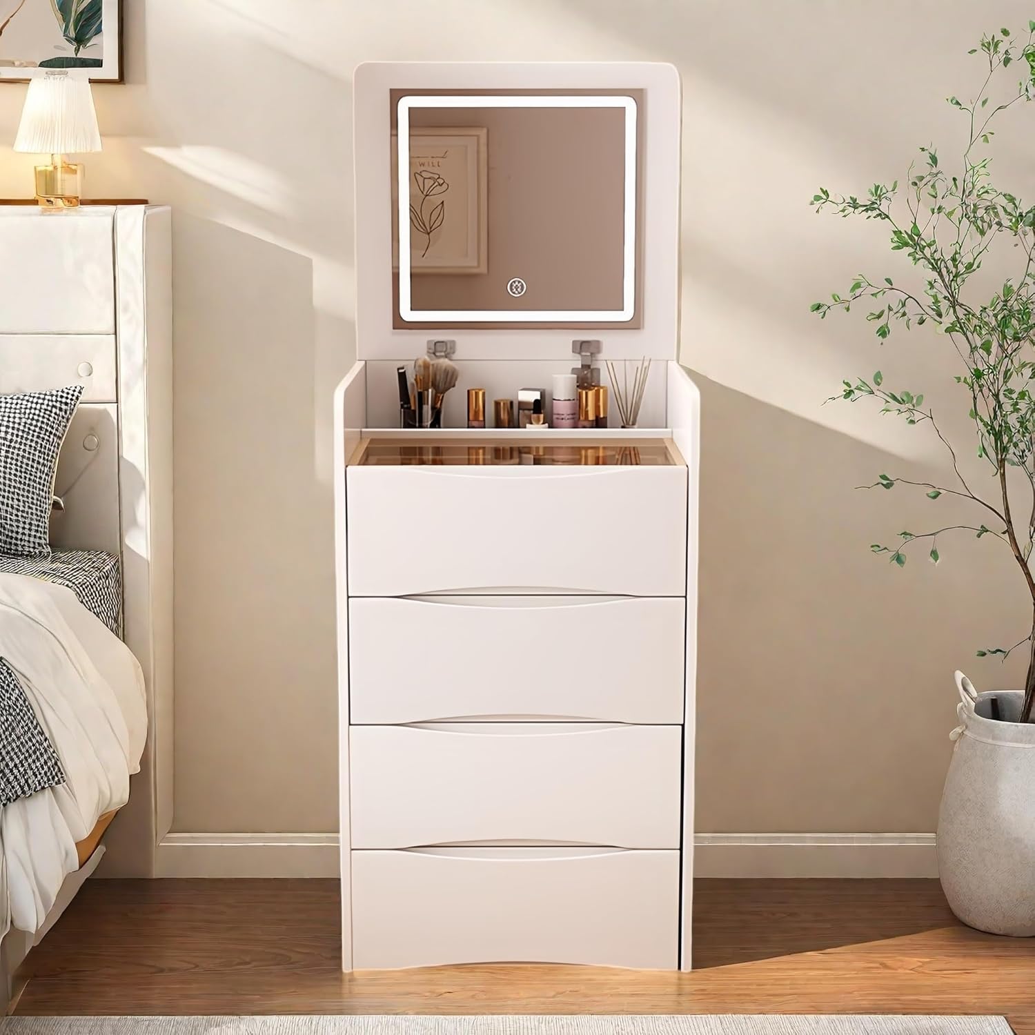 Vanity Desk with Flip Top Mirror and Lights Makeup Table with 3 Drawers and Stool Storage