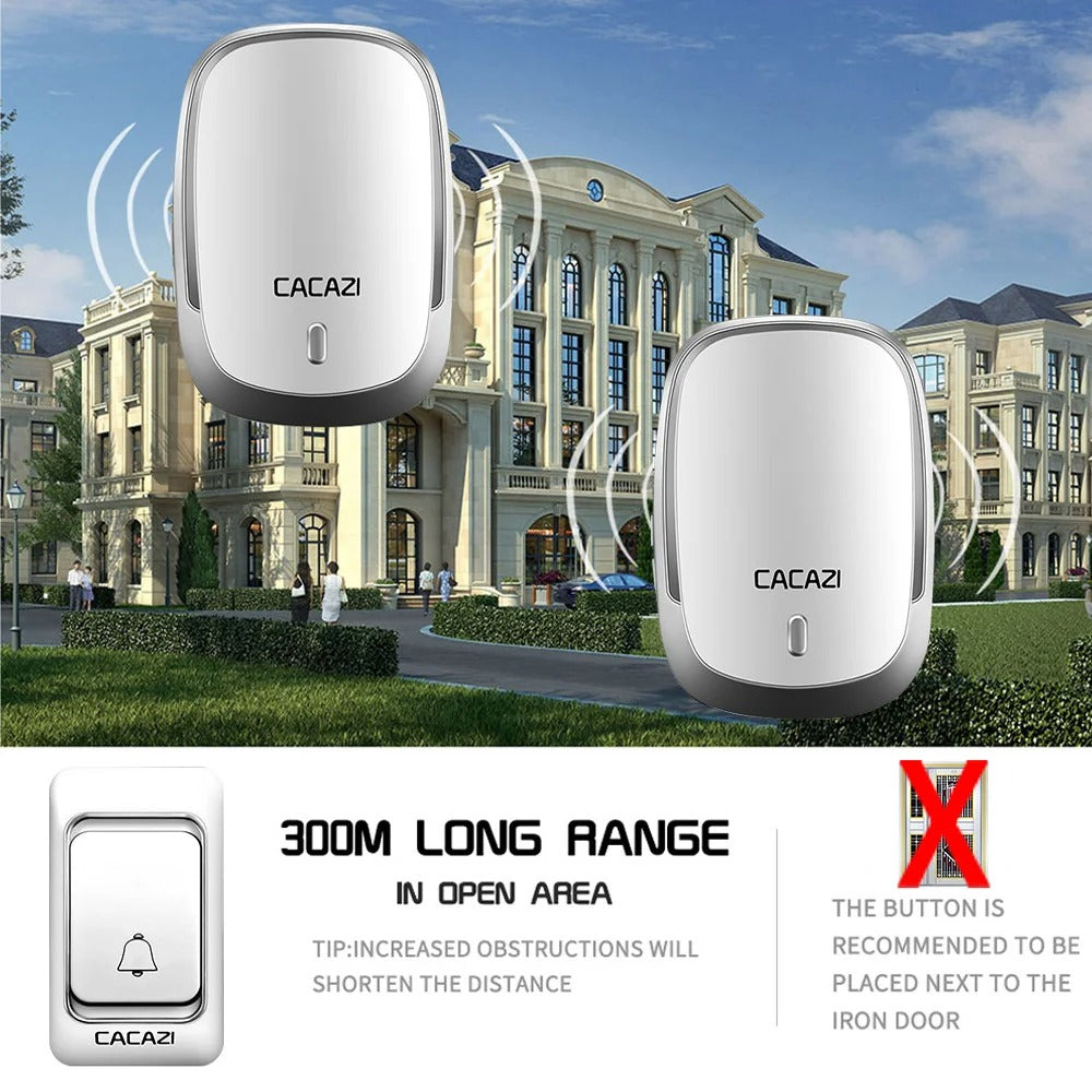Wireless Waterproof Doorbell 300M Remote 1 Button 2 Receivers