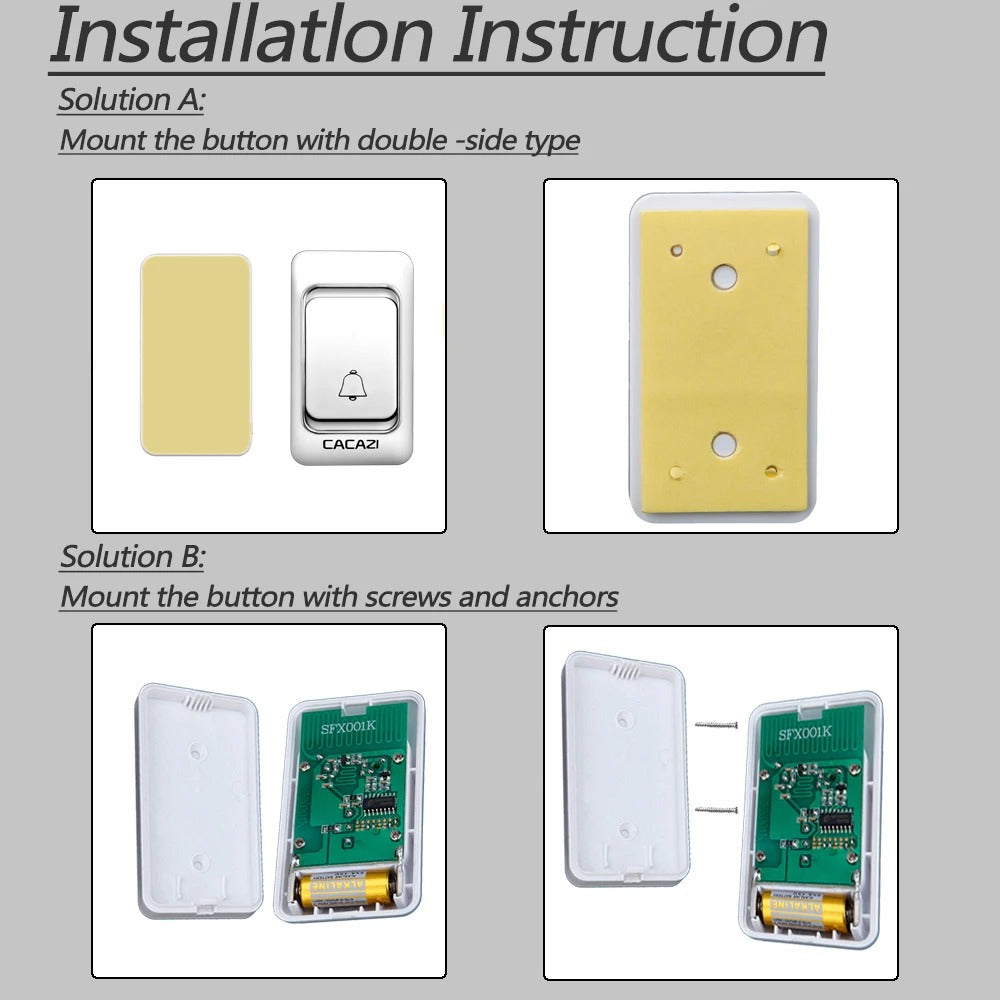 Wireless Waterproof Doorbell 300M Remote 1 Button 2 Receivers