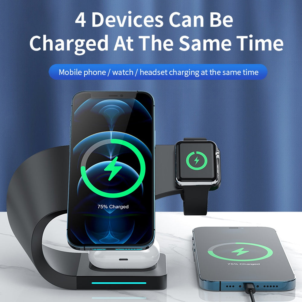 Wireless Charger Portable 15W Fast Charging Station 4 in 1 Wireless Mobile Phone Charger For Bluetooth Earphone Smart Watch